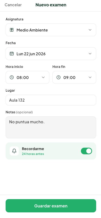 Pantalla de Crear examen del módulo Calendario de Valdeza