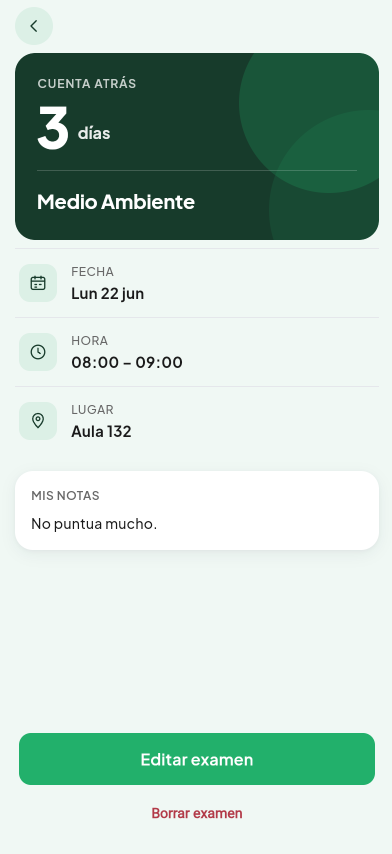 Pantalla de Detalle del examen del módulo Calendario de Valdeza