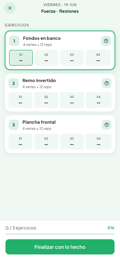 Pantalla de Entreno del día del módulo Físico de Valdeza
