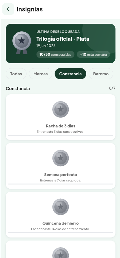 Pantalla de Progreso y logros del módulo Físico de Valdeza