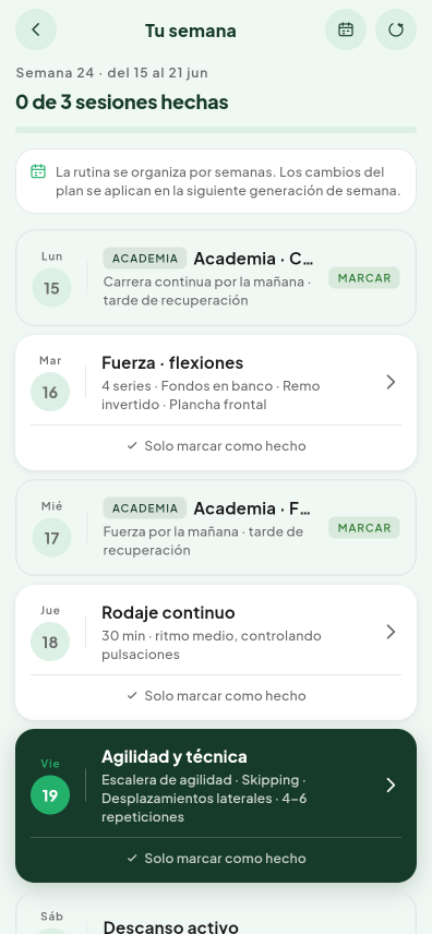 Pantalla de Rutina semanal del módulo Físico de Valdeza