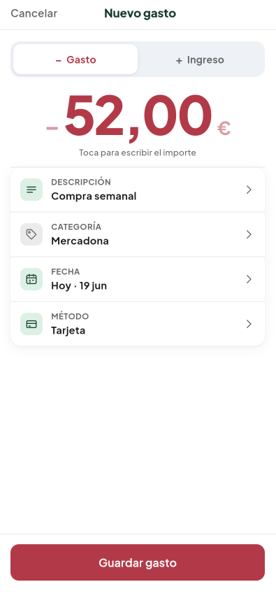 Pantalla de Añadir gasto del módulo Gastos de Valdeza