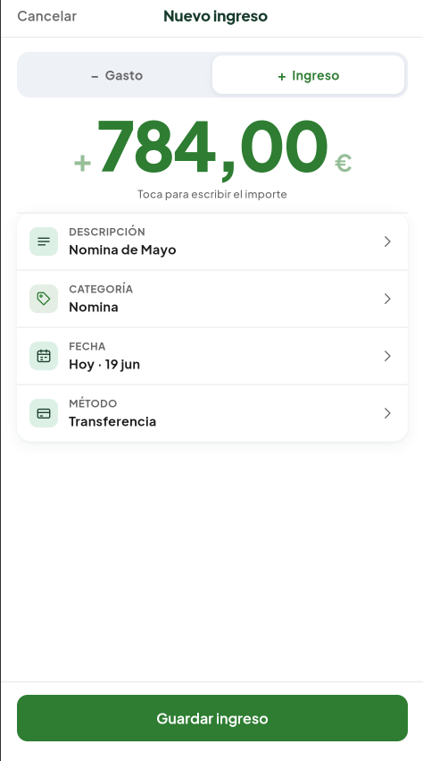 Pantalla de Registrar un ingreso del módulo Gastos de Valdeza