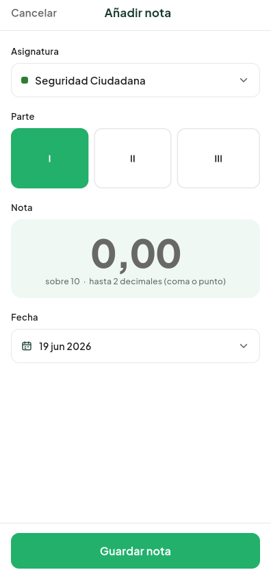 Pantalla de Añadir nota del módulo Notas de Valdeza