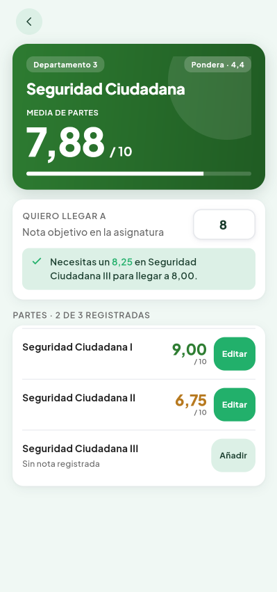Pantalla de Detalle con objetivo del módulo Notas de Valdeza