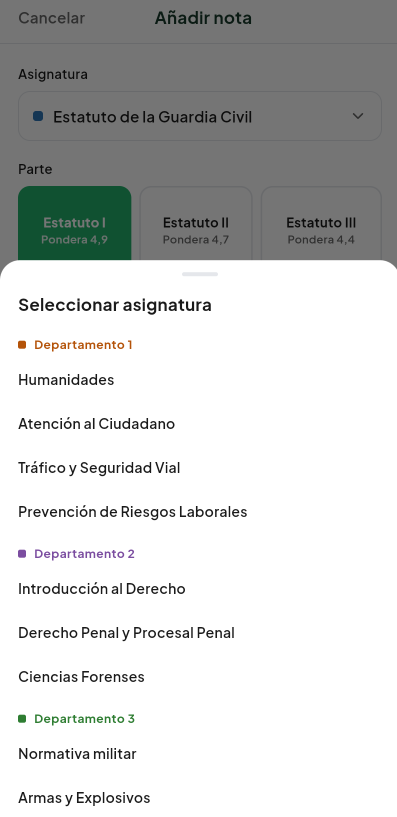 Pantalla de Lista de asignaturas del módulo Notas de Valdeza