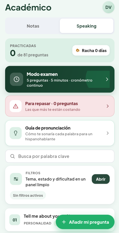 Pantalla de Banco de preguntas del módulo Speaking de Valdeza