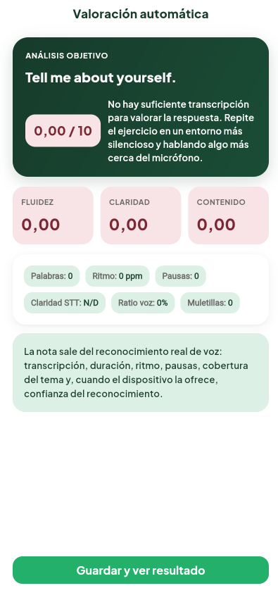 Pantalla de Evaluación orientativa del módulo Speaking de Valdeza