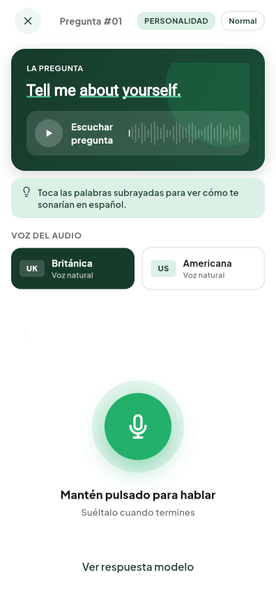 Pantalla de Grabación de respuesta del módulo Speaking de Valdeza