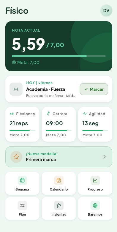 Pantalla principal del módulo Físico de Valdeza