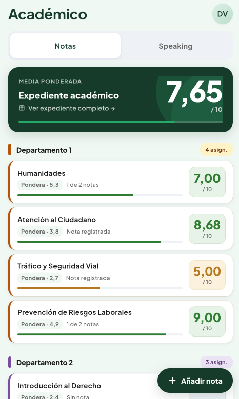 Pantalla principal del módulo Notas de Valdeza