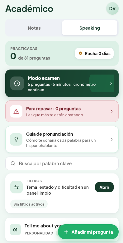Pantalla principal del módulo Speaking de Valdeza